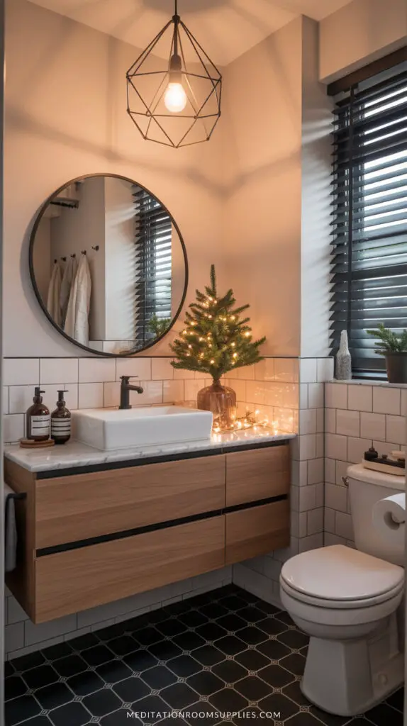 small space christmas modern christmas bathroom decor with round mirror and floating vanity