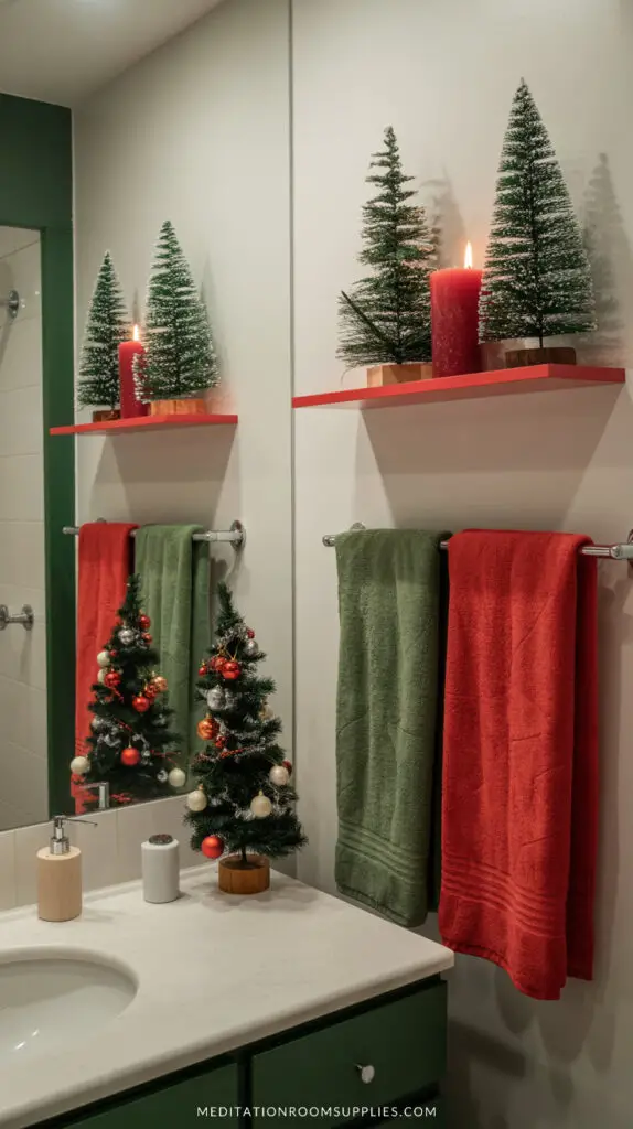 diy christmas bathroom decor with red and green towels