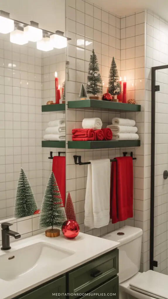 classy christmas bathroom decor with green , white and red colors