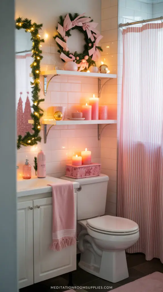 pink Christmas bathroom decor with pink candles
