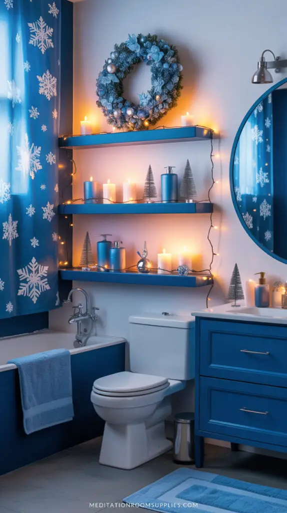 blue christmas bathroom decor with snowflake shower curtain