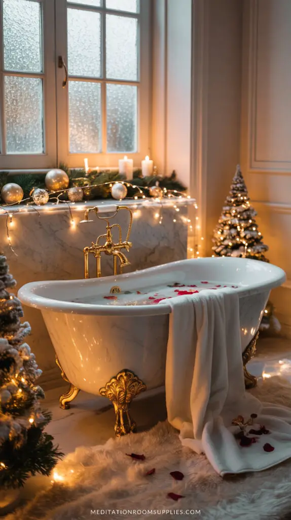 aesthetic christmas bathroom decor with bathtub and soft lights