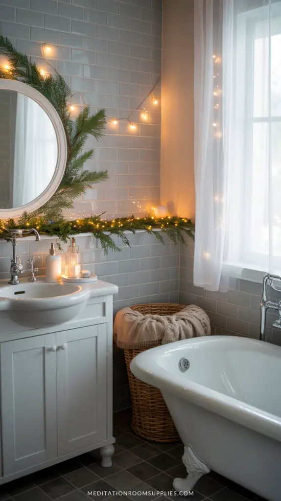 christmas bathroom decor ideas simple with fairy lights and green pine wreath