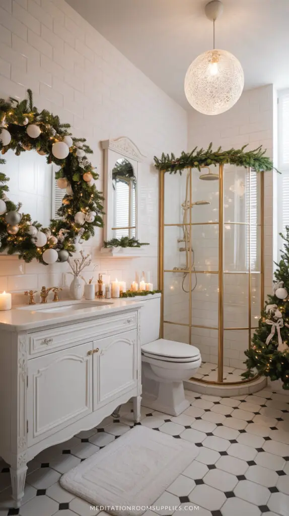 neutral christmas bathroom decor with shower and vanity